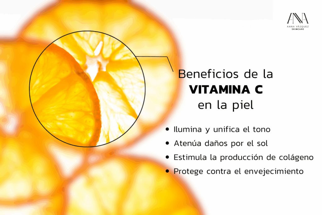 Beneficios de la vitamina C en la piel: ilumina y unifica el tono, atenúa daños por el sol, estimula la producción de colágeno y protege contra el envejecimiento